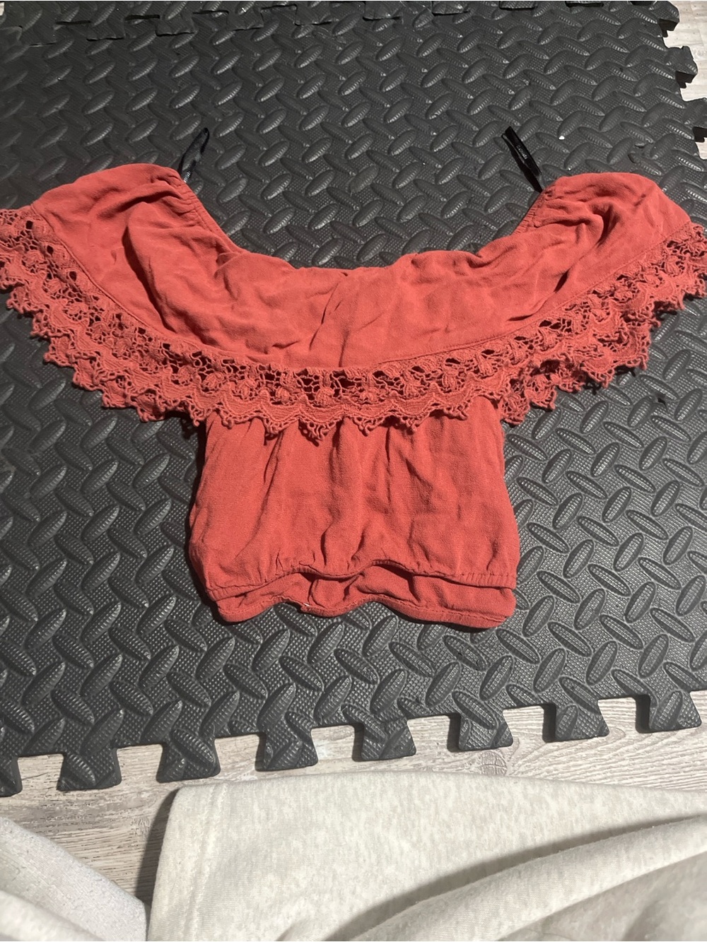 Forever 21 Rust Red Off-Shoulder Lace-Trim Crop Top